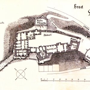 Lipnice nad Sázavou – poč. 20. stol. Půdorys hradu na podkladu vojenského mapování.