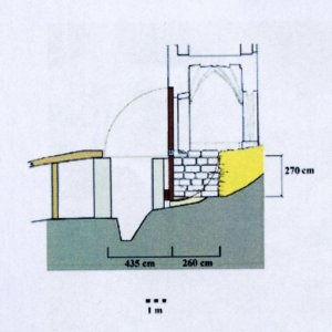 Lipnice nad Sázavou 2017. Sonda M10. Podélný řez situací vlčí jámy s mechanismem pro kolébkový padací most (podle Knápek - Macků - Vohryzek 2019, obr. 5).