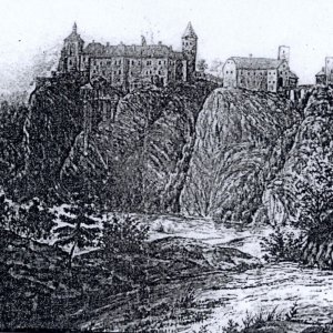 Obr. 7: Vranov nad Dyjí 1660. Nejstarší pohled na hrad z roku 1660 – kopie ztraceného obrazu z inventáře zámku  (podle M. Plačka).