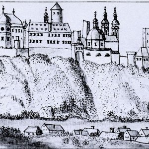 Obr. 9: Vranov nad Dyjí po roce 1740. F. B. Werner – pohled na zámek od S - rytina (podle H. Lorenze).