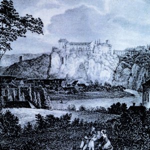 Obr. 10: Vranov nad Dyjí 1834. A. Kunike – pohled na zámek od S – litografie (podle M. Plačka).
