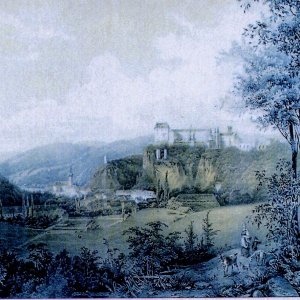 Obr. 11: Vranov nad Dyjí 1869. J. Doré – L. Czerny – pohled na zámek od S – litografie (podle B. Samka).