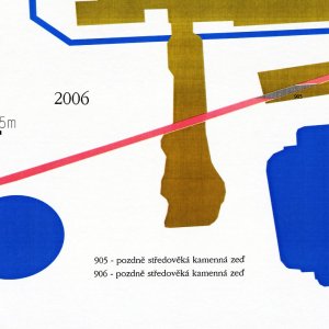 Obr. 57: Vranov nad Dyjí 2006. Vodovod a kanalizace – výkopy na čestném nádvoří. Vektorový georeferencovaný plán půdorysu (modrá barva) suterénních sklepních prostor (hnědá barva)  a archeologicky zkoumanými ploch (červená barva) s kontexty 905 a 906. (zhotovil P. Vitula).