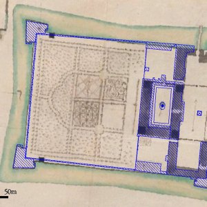 Obr. 4: Bučovice kolem 1700. Vektorový georeferencovaný plán půdorysu zámeckého areálu s přilehlým parkem (zpracoval P. Vitula) na rastrovém transformovaném podkladu kolorované perokresby z doby kolem roku 1700. Areál byl obehnán mohutným příkopem zavezeným až ve 20. letech 19. stol.