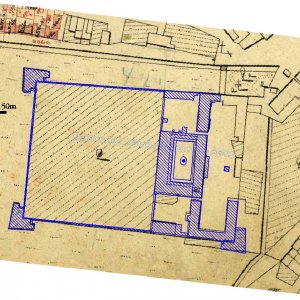 Obr. 8: Bučovice 1817.Vektorový georeferencovaný plán půdorysu zámeckého areálu s přilehlým parkem (zpracoval P. Vitula) na rastrovém transformovaném podkladu indikační skicy (zdroj MZA Brno).