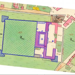 Obr. 9: Bučovice 1824. Vektorový georeferencovaný plán půdorysu zámeckého areálu s přilehlým parkem (zpracoval P. Vitula) na rastrovém transformovaném podkladu historické mapy císařského otisku 1824-1846 (zdroj geoportál ČÚZK).