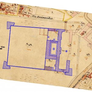 Obr. 10: Bučovice 1879. Vektorový georeferencovaný plán půdorysu zámeckého areálu s přilehlým parkem (zpracoval P. Vitula) na rastrovém transformovaném podkladu historické mapy stabilního katastru (zdroj geoportál ČÚZK).