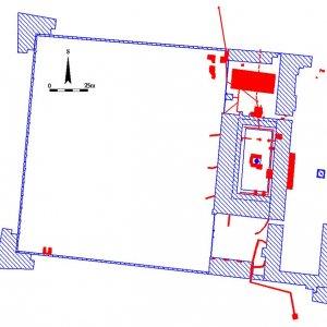 Obr. 11: Bučovice 2000-2020: Celkový vektorový georeferencovaný plán půdorysu zámeckého areálu s červeným vyznačením všech archeologicky zkoumaných ploch a výkopů (zpracoval P. Vitula).