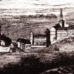 Obr. 9: Valtice – zámek 70. léta 17. stol. Historické vyobrazení. Anonym – celkový pohled od SZ.