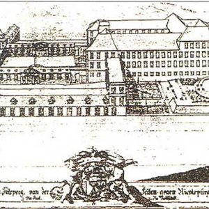Obr. 15: Valtice – zámek 1721. Historické vyobrazení.  J. A. Delsenbach – celkový pohled od SZ.