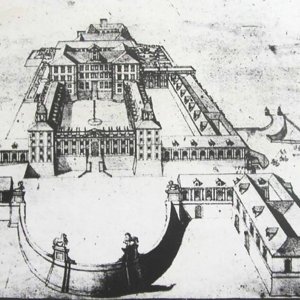 Obr. 16: Valtice – zámek 1721. Historické vyobrazení.  J. A. Delsenbach – celkový pohled od SV.