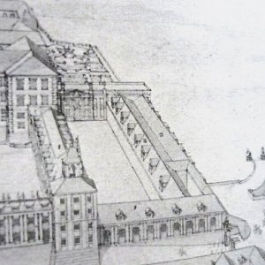 Obr. 17: Valtice – zámek 1721. Historické vyobrazení.  J. A. Delsenbach – detail jízdáren od SV.