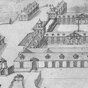 Obr. 18: Valtice – zámek 1721. Historické vyobrazení.  J. A. Delsenbach – detail jízdáren od SZ.