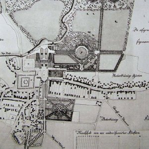 Obr. 7: Lednice – zámek 1799. Historický plán barokní fáze areálu – výřez.