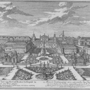 Obr. 9: Lednice – zámek 1720. Historické vyobrazení zřejmě nedobudované 
barokní fáze zámku – rytina – J. A. Delsenbach.
