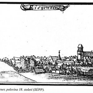 Obr. 17: Lednice – město kolem pol. 18. stol. Veduta F. B: Wernera zachycující město Lednici ještě s gotickým kostelem sv. Jakuba Většího. Nejspíše jde o kresbu podle starší předlohy.