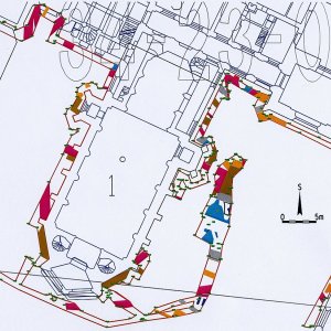 Obr. 36: Lednice – zámek 2004 - 2021. Lokalita č. 1 – podlist 34-23-08/D1/F6 - detail. Vektorový georeferencovaný plán prozkoumaných ploch a dokumentovaných situací v prostoru hlavních budov zámku (červená barva – obvod ploch, šedá barva - kamenné relikty, světlehnědá barva – kamenocihelné relikty, oranžová barva – cihelné relikty, světlemodrá barva – podlahy a pochozí úrovně, tmavomodrá barva – hroby, fialová barva – kanály a stoky; zhotovil P. Vitula).