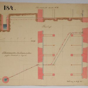 Obr. 92: Lednice – zámek 1847. Lokalita č. 1 – podlist 34-23-08/D1/E6. Historický plán s vyznačením polohy hledané novověké studny.