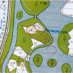 Obr. 116: Lednice – akvadukt a peklo – 2003-2004. Lokalita č. 2 – podlist 34-23-08/C2/B1 - detail. Červeně vyznačená poloha lokality na podkladu výřezu z georeferncované transformované Základní mapy (zhotovil P. Vitula).