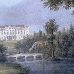 Obr. 123: Lednice – akvadukt a peklo – kolem r. 1820. Historické vyobrazení akvaduktu –malba na pozadí barokního zámku zachycuje v popředí i akvadukt s tekoucí vodou (F. Runk).