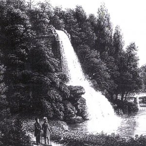 Obr. 124: Lednice – akvadukt a peklo – kolem r. 1820. Historické vyobrazení akvaduktu -rytina (F. Runk) - zachycuje akvadukt s mohutným proudem tekoucí vody.