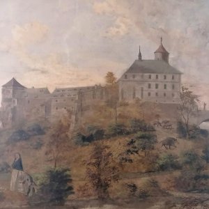 Obr. 6: Veveří - hrad kolem roku 1760. Historické vyobrazení staré části hradu v 1. patře paláce - pohled od SV.