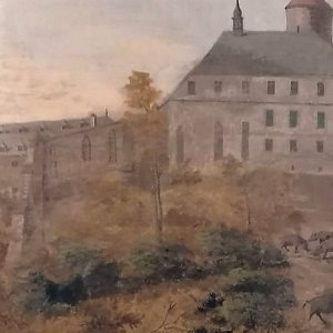 Obr. 7: Veveří - hrad kolem roku 1760. Historické vyobrazení staré části hradu v 1. patře paláce - detail od SV.