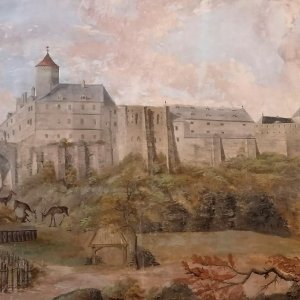 Obr. 8: Veveří – hrad kolem roku 1760. Historické vyobrazení staré části hradu v 1. patře paláce - pohled od JZ.