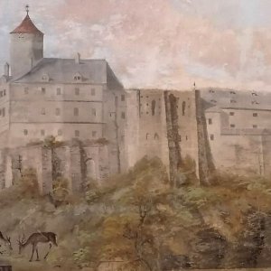 Obr. 9: Veveří - hrad kolem roku 1760. Historické vyobrazení staré části hradu v 1. patře paláce - detail od JZ.