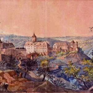 Obr. 11: Veveří – hrad kolem roku 1833. Historické vyobrazení – celkový pohled od JZ.