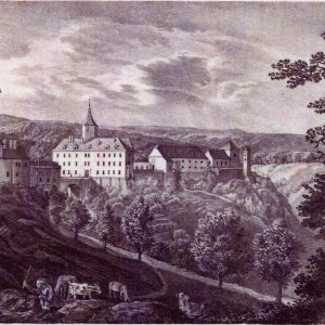 Obr. 12: Veveří - hrad 1833-35. Historické vyobrazení – celkový pohled od JZ.