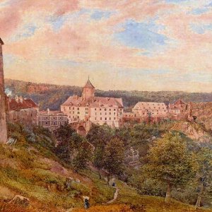 Obr. 13: Veveří - hrad 1838. Historické vyobrazení – celkový pohled od JZ.