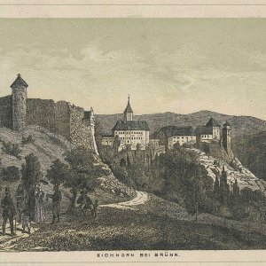 Obr. 14: Veveří - hrad 1840. Historické vyobrazení – celkový pohled od JZ.