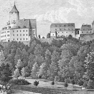 Obr. 15: Veveří - hrad 1848. Historické vyobrazení staré části hradu – pohled od JZ.