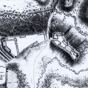 Obr. 17: Veveří - hrad kolem roku 1720. Nejstarší historický plán hradu a okolí.