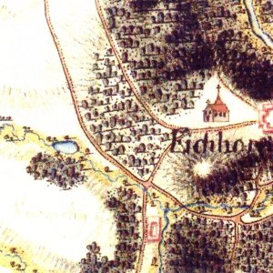 Obr. 18: Veveří - hrad 1764-1768 a 1780-1783. Plán hradu a okolí na mapě I. (josefínského) vojenského mapování.