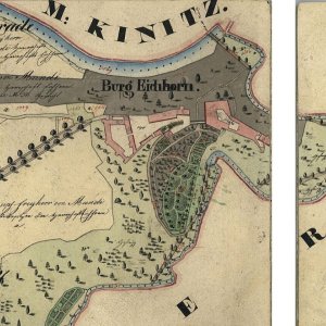Obr. 19: Veveří - hrad 1826. Plán hradu a okolí na mapě indikační skicy.