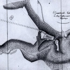 Obr. 20: Veveří - hrad 1831. Plán hradu a okolí pro zamýšlenou romantickou přestavbu.
