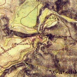 Obr. 21: Veveří - hrad 1836-1852. Plán hradu a okolí na mapě II. vojenského mapování.