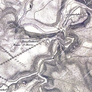 Obr. 22: Veveří - hrad 1839. Plán hradu na mapě okolí Brna.