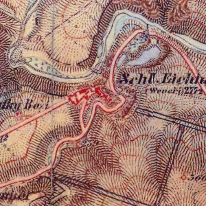 Obr. 23: Veveří – hrad 1876-1878. Plán hradu a okolí na mapě III. vojenského mapování.