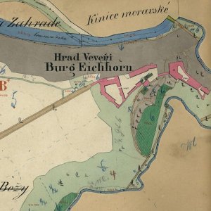 Obr. 24: Veveří - hrad 1878. Plán hradu a okolí na mapě indikační skicy.