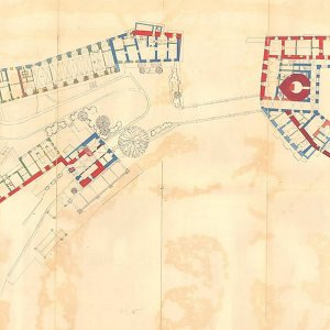Obr. 26-2: Veveří - hrad 1962. Vývojové schéma přízemí staré části hradu podle L. Lancingera a F. Kašičky  (Lancinger, L. – Kašička, F. 1962: Státní hrad Veveří. Rukopis pasportu, Státní ústav pro rekonstrukci památkových měst a objektů). 