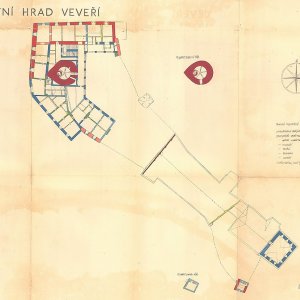 Obr. 26-5: Veveří - hrad 1962. Vývojové schéma 2. nadzemního patra staré části hradu podle L. Lancingera a F. Kašičky  (Lancinger, L. – Kašička, F. 1962: Státní hrad Veveří. Rukopis pasportu, Státní ústav pro rekonstrukci památkových měst a objektů).