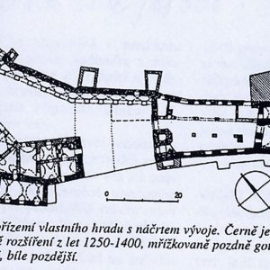 Obr. 27: Veveří - hrad 1996. Vývojové schéma staré části hradu podle M. Plačka (Plaček, M. 1996: Hrady a zámky na Moravě a ve Slezsku. Praha, str. 364, obr. 409).