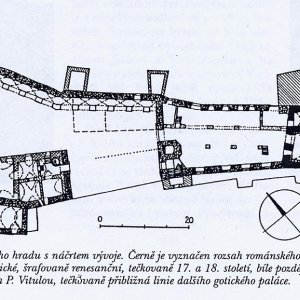 Obr. 28: Veveří - hrad 2001. Vývojové schéma staré části hradu podle M. Plačka (Plaček, M. 2001: Ilustrovaná encyklopedie moravských hradů, hrádků a tvrzí. Praha, str. 684, obr. 1330).