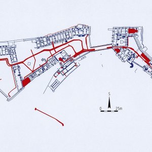 Obr. 34: Veveří - hrad 2023. Vektorový georeferencovaný plán celkové situace přízemí hradního areálu (modrá barva) s červeným vyznačením všech přesně zaměřených zkoumaných výkopů a ploch (zhotovil P. Vitula).