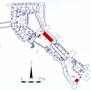 Obr. 46: Veveří - hrad 2000. Sondáž pro SHP. Sondy č. 1, 2 a 3. Výřez vektorového georeferencovaného plánu situace přízemí starší části hradního areálu (modrá barva) s  vyznačením (červená barva) přesně zaměřených sond prozkoumaných v roce 2000 (zhotovil P. Vitula).