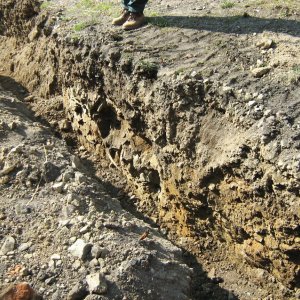 Obr. 120: Veveří – hrad 2015. Vodovod. Novověké a recentní souvrství v profilu výkopu pro vodovodní potrubí v S části  přihrádku před dílnou – pohled od JV (foto P. Vitula).