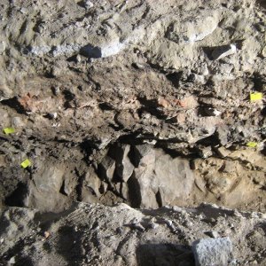 Obr. 143: Veveří – hrad 2017/01. Kanalizace. Vystupující skalní podloží na dně výkopu pro kanalizaci – pohled od SV (foto P. Vitula).